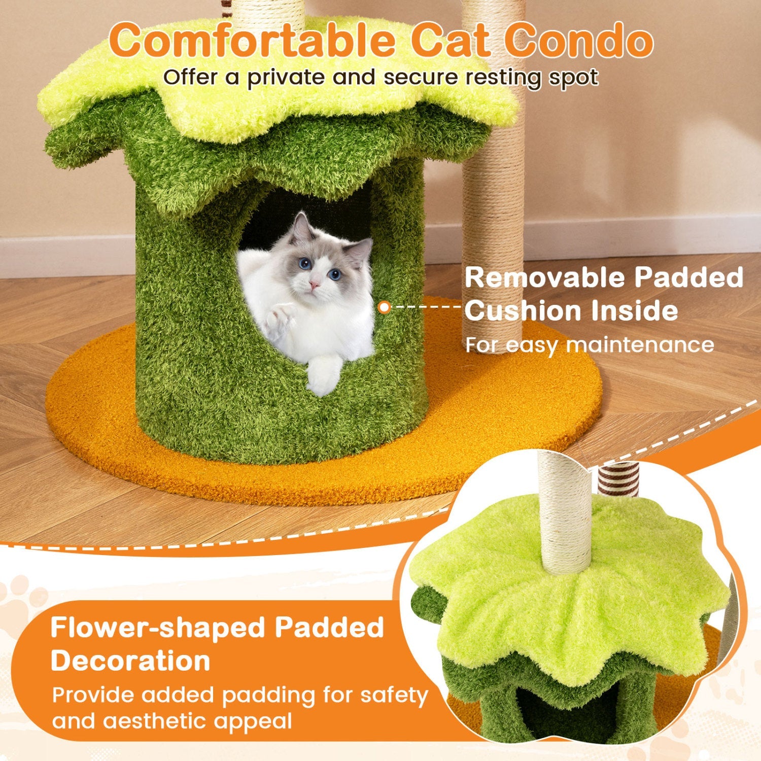 46 Inch Tall Cat Tree Multi-Level with Padded Perch and Hanging Basket Bed