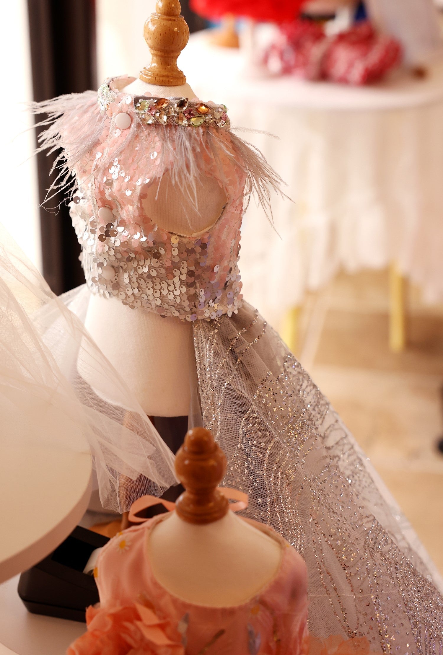 Luxury Sequin Pet Long Train Dress with Feather Collar Princess Dog Gown