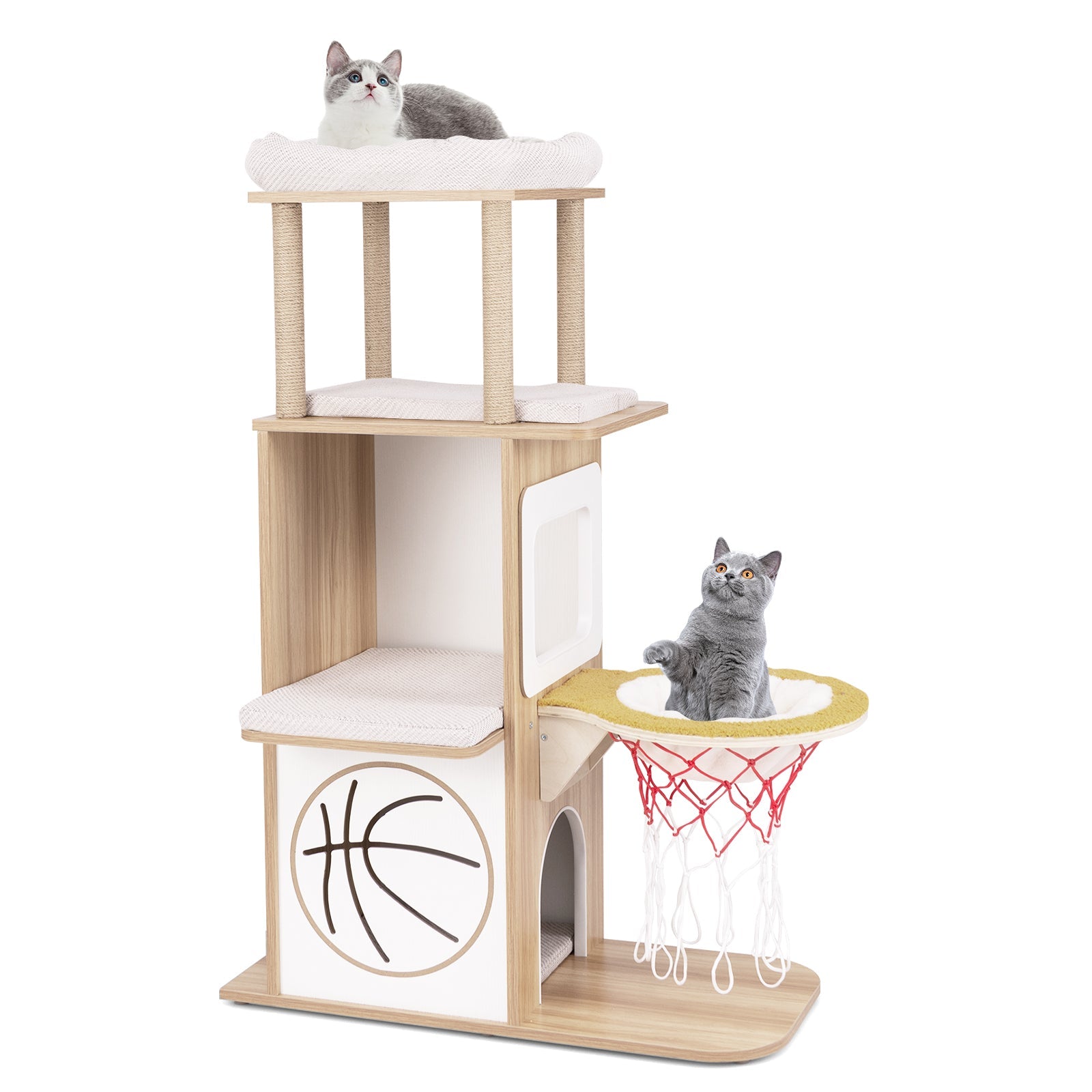 47 Inches Wooden Cat Tree with 2-Story Cat Condo and Basketball Hoop Hammock-Natural Default Title