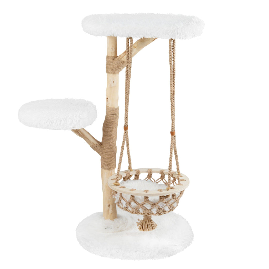 48.5 Inch Solid Wood Cat Tree with Hanging Cradle and Jute Scratching Post-White Default Title