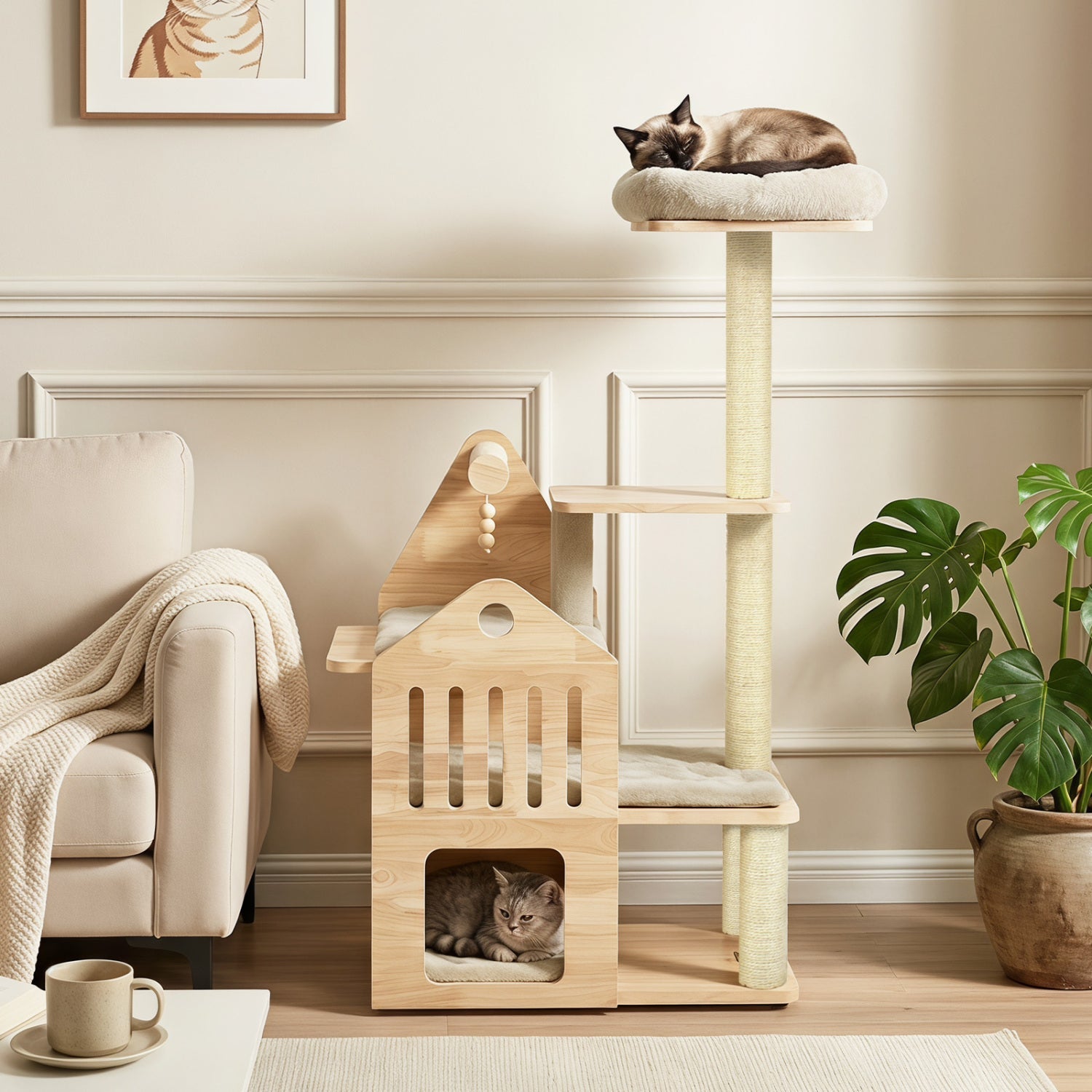 Multi-Level Solid Wood Cat Tree 48.5" with Condo & Scratchers Natural Beige
