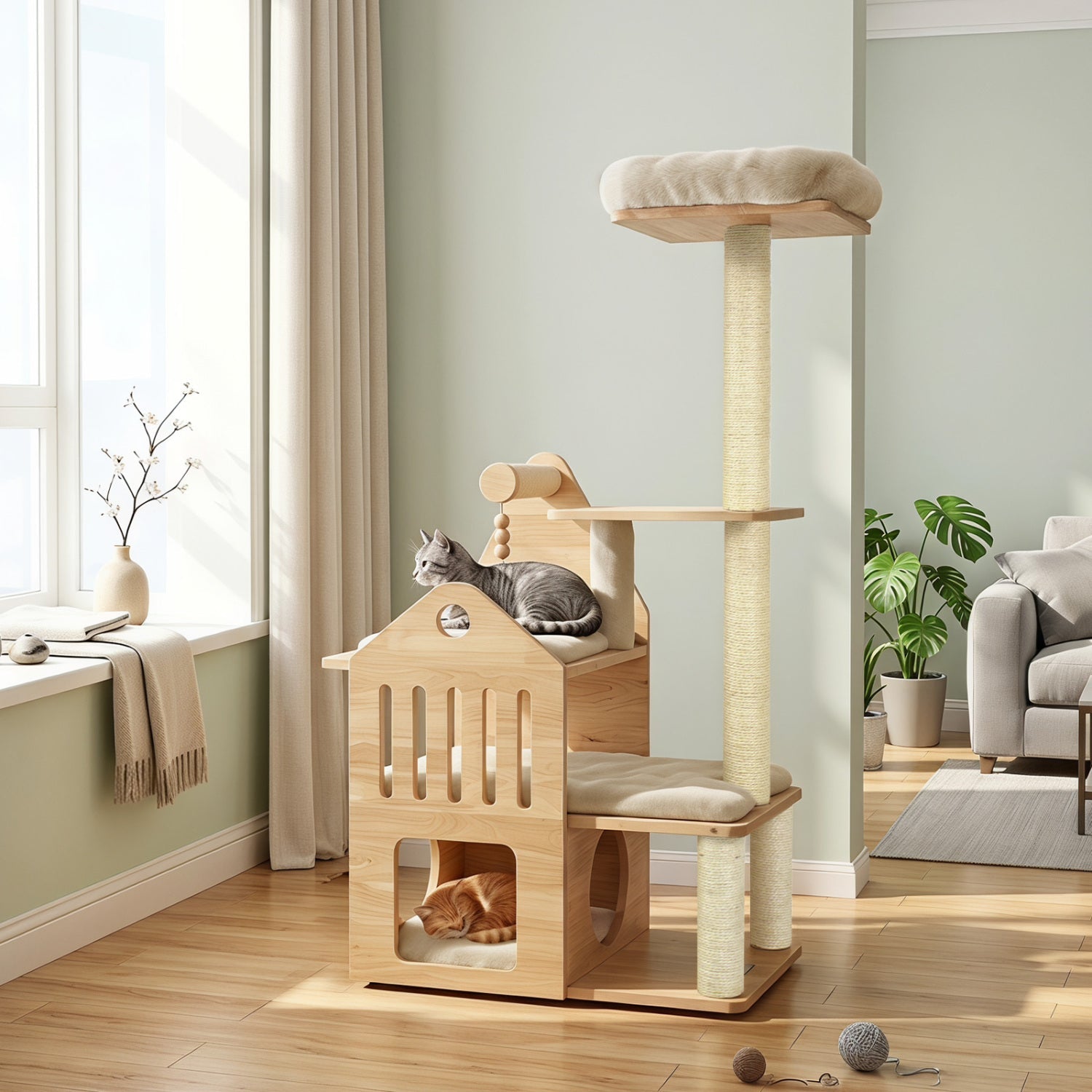 Multi-Level Solid Wood Cat Tree 48.5" with Condo & Scratchers