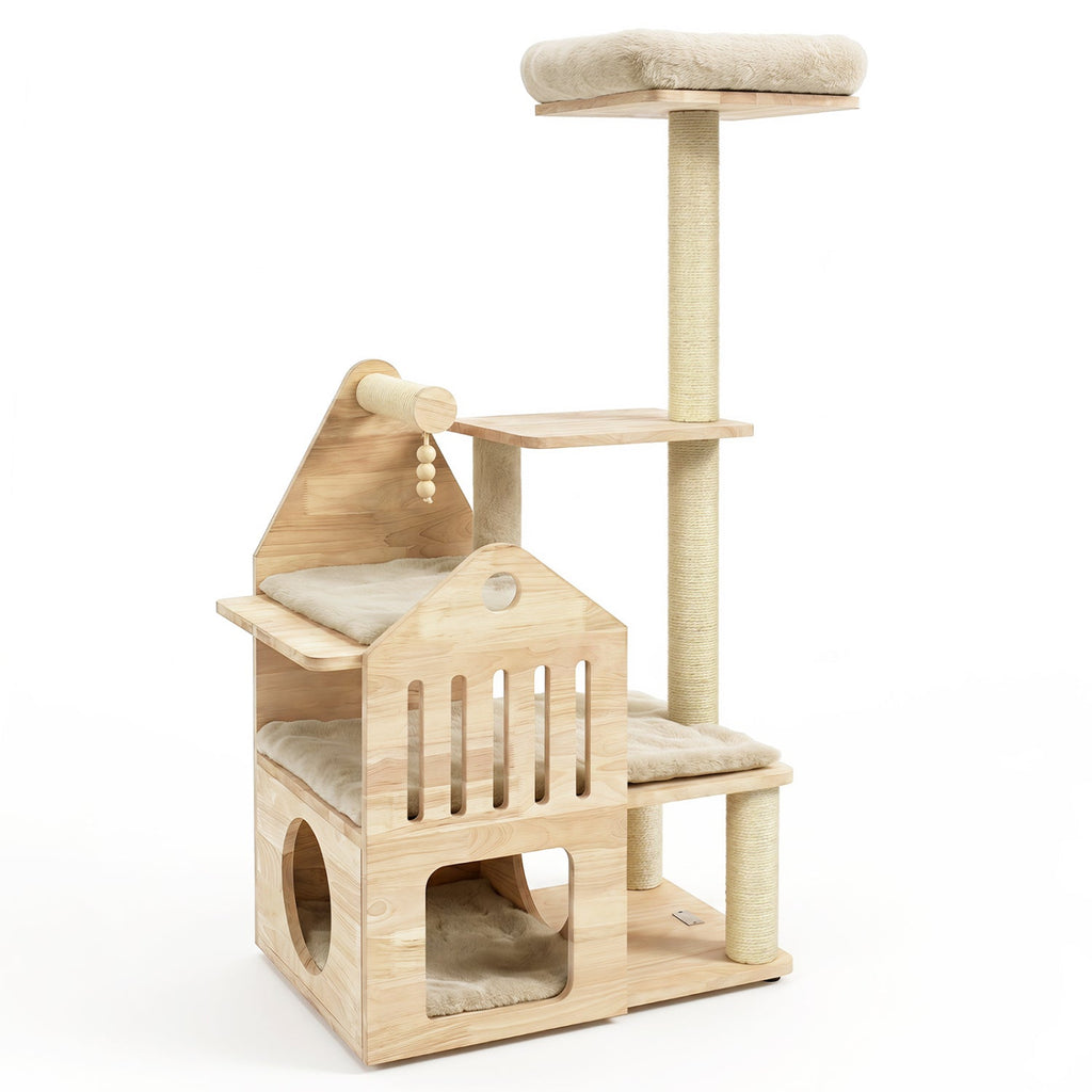 Multi-Level Solid Wood Cat Tree 48.5" with Condo & Scratchers
