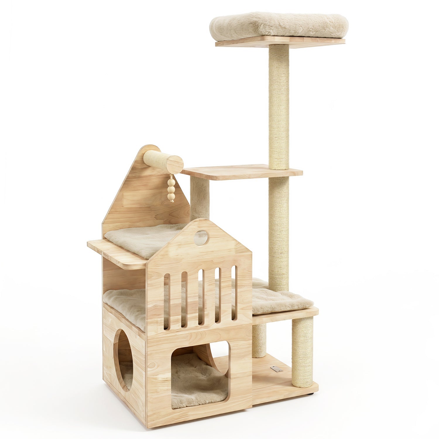 Multi-Level Solid Wood Cat Tree 48.5" with Condo & Scratchers