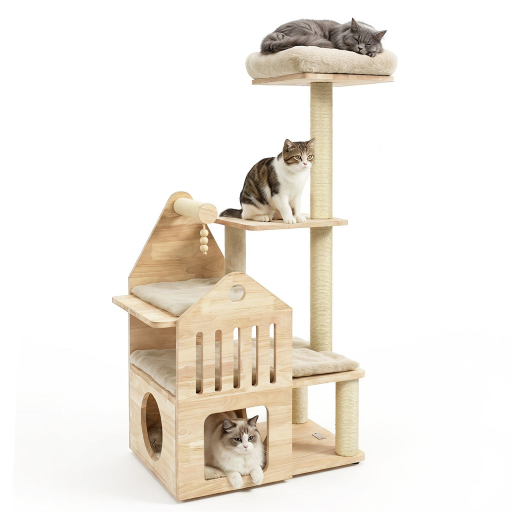Multi-Level Solid Wood Cat Tree 48.5" with Condo & Scratchers