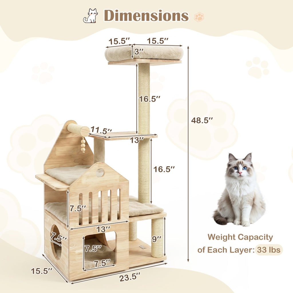 Multi-Level Solid Wood Cat Tree 48.5" with Condo & Scratchers
