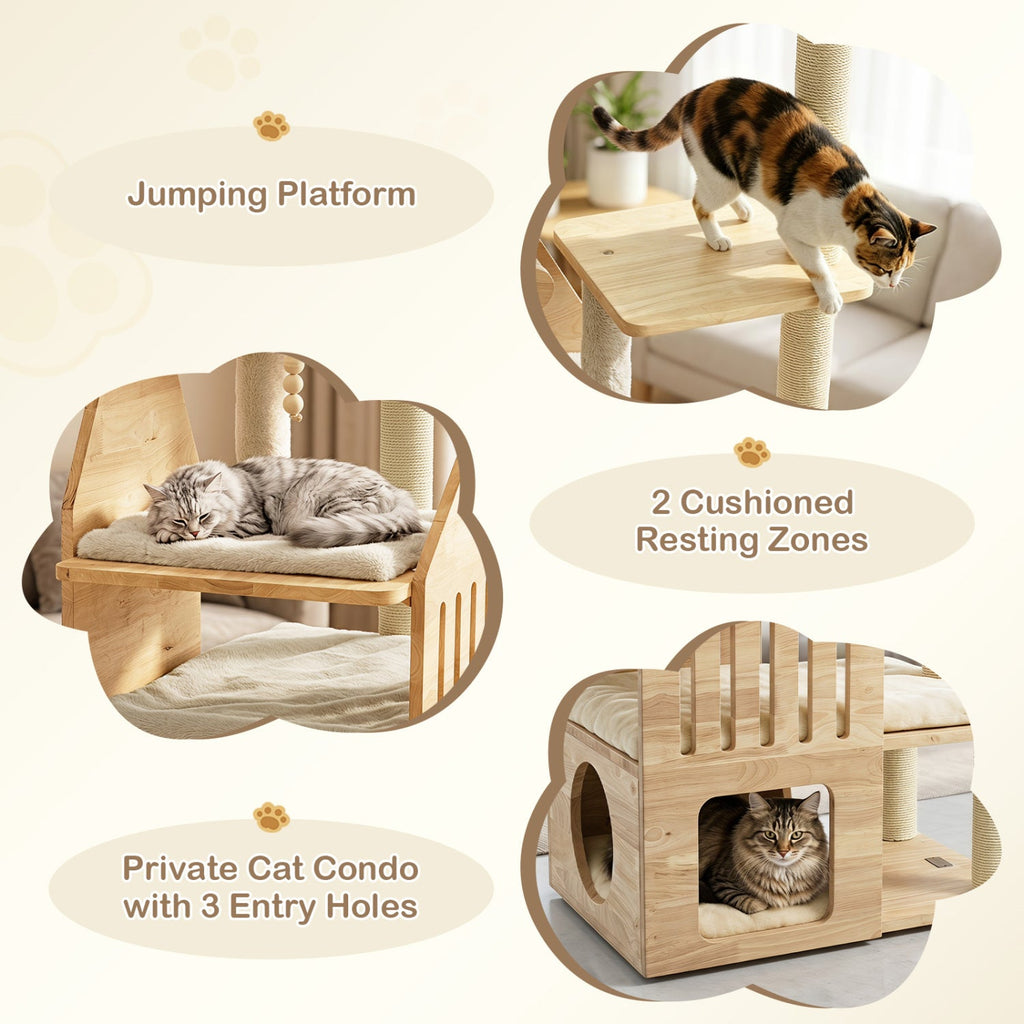 Multi-Level Solid Wood Cat Tree 48.5" with Condo & Scratchers