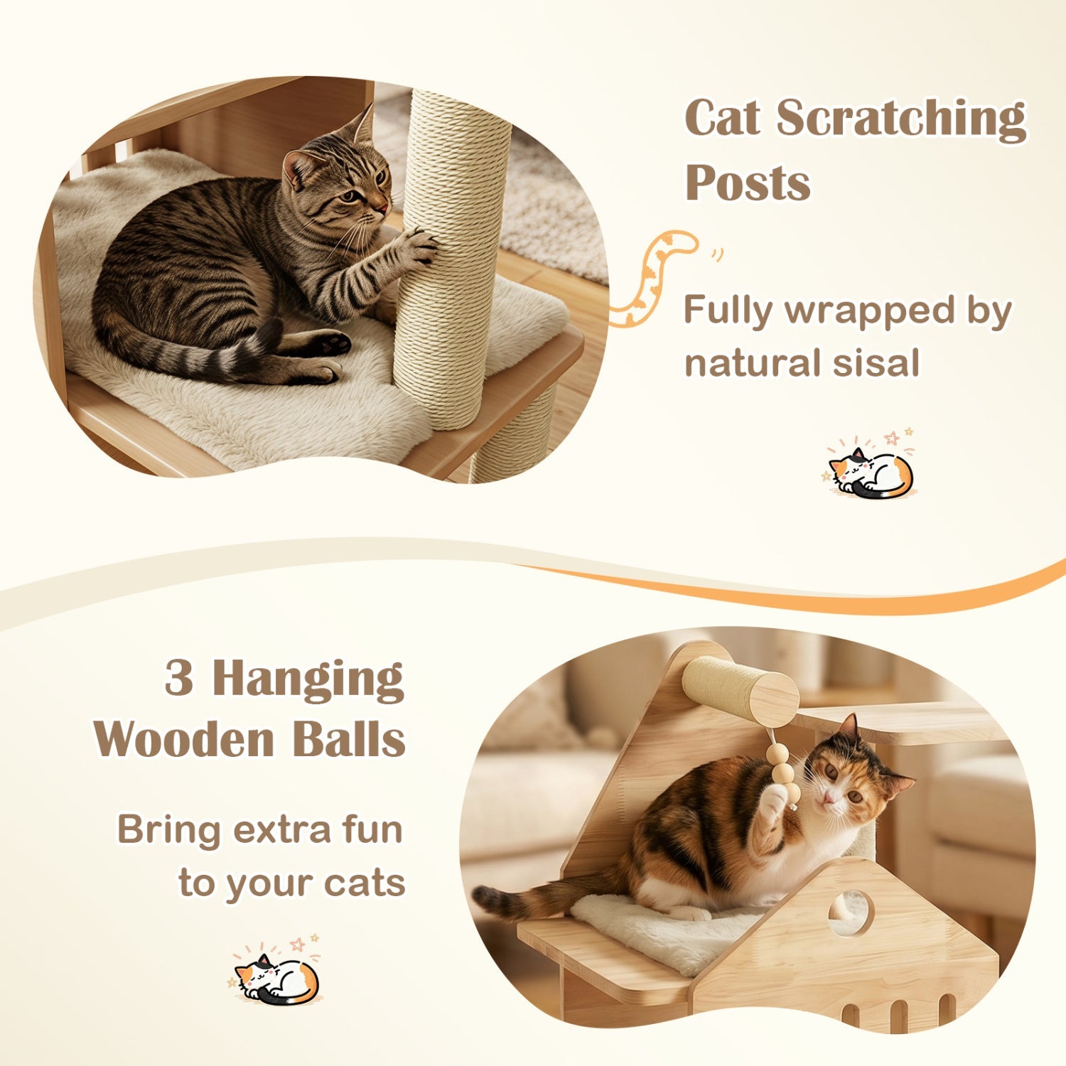 Multi-Level Solid Wood Cat Tree 48.5" with Condo & Scratchers