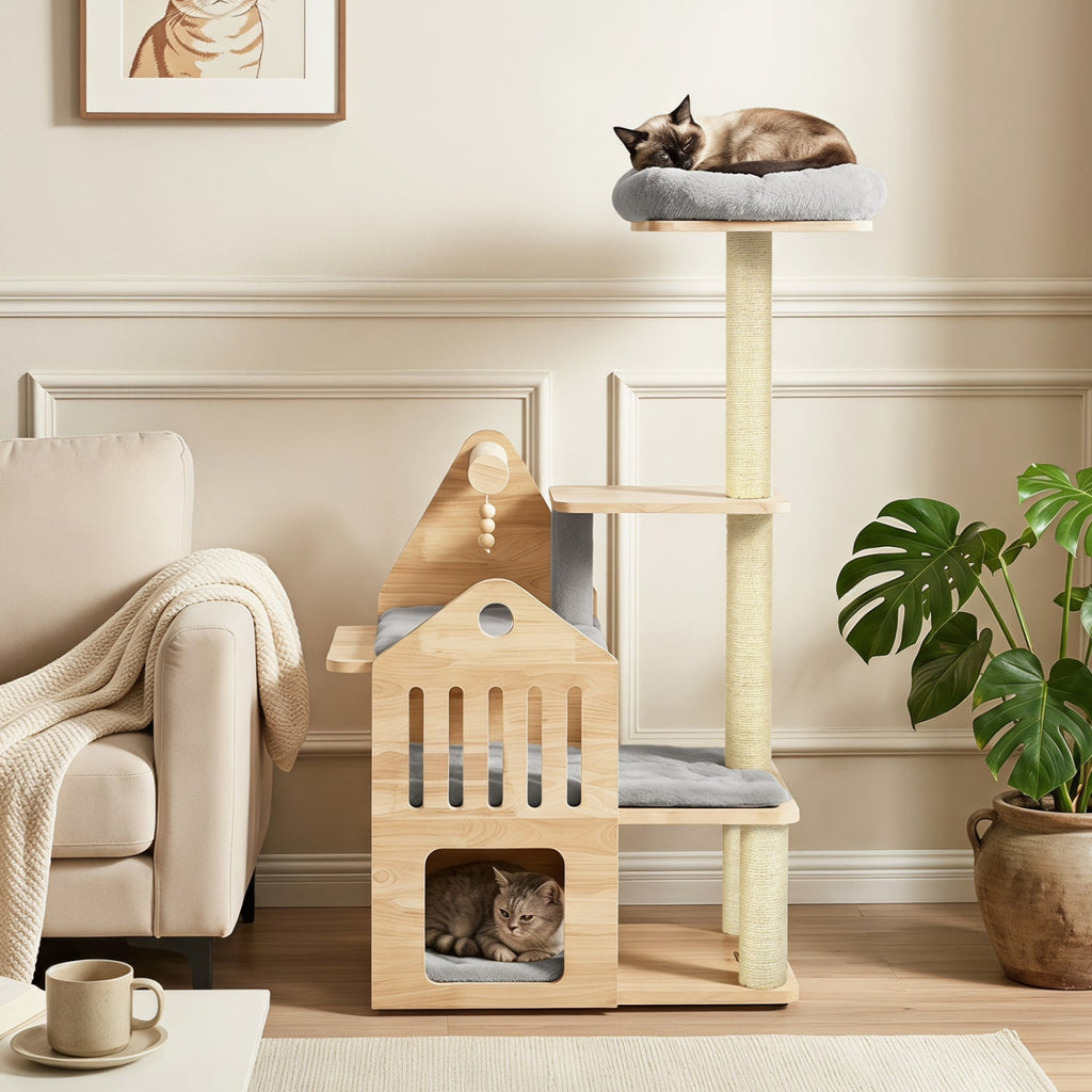 Multi-Level Solid Wood Cat Tree 48.5" with Condo & Scratchers Natural Grey