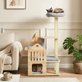 Multi-Level Solid Wood Cat Tree 48.5" with Condo & Scratchers Natural Grey