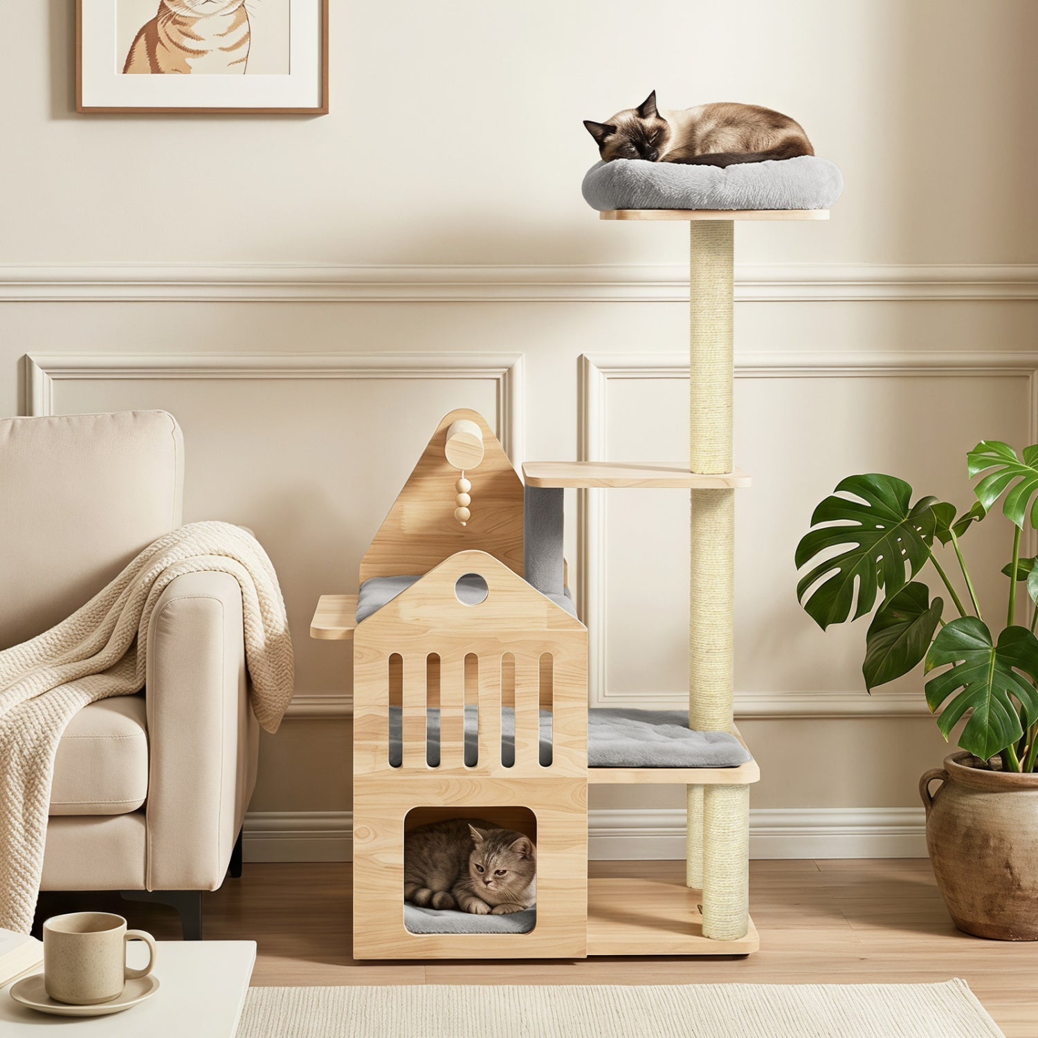 Multi-Level Solid Wood Cat Tree 48.5" with Condo & Scratchers Natural Grey
