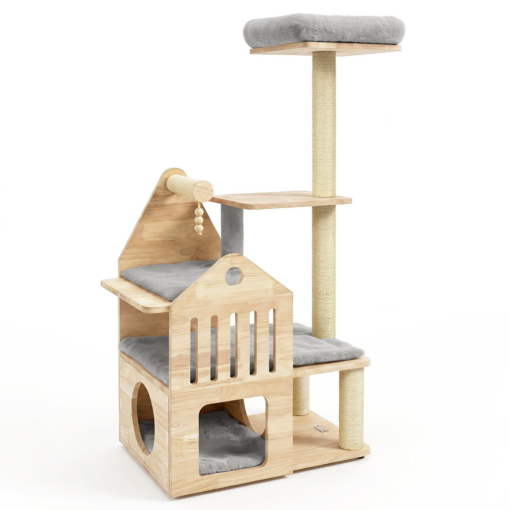 Multi-Level Solid Wood Cat Tree 48.5" with Condo & Scratchers