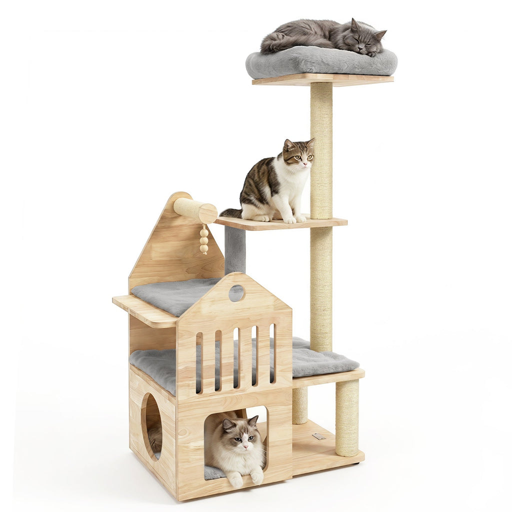 Multi-Level Solid Wood Cat Tree 48.5" with Condo & Scratchers