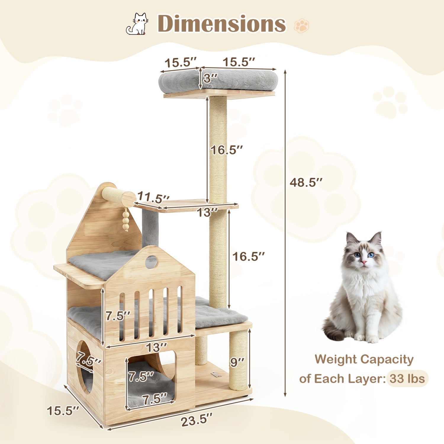 Multi-Level Solid Wood Cat Tree 48.5" with Condo & Scratchers