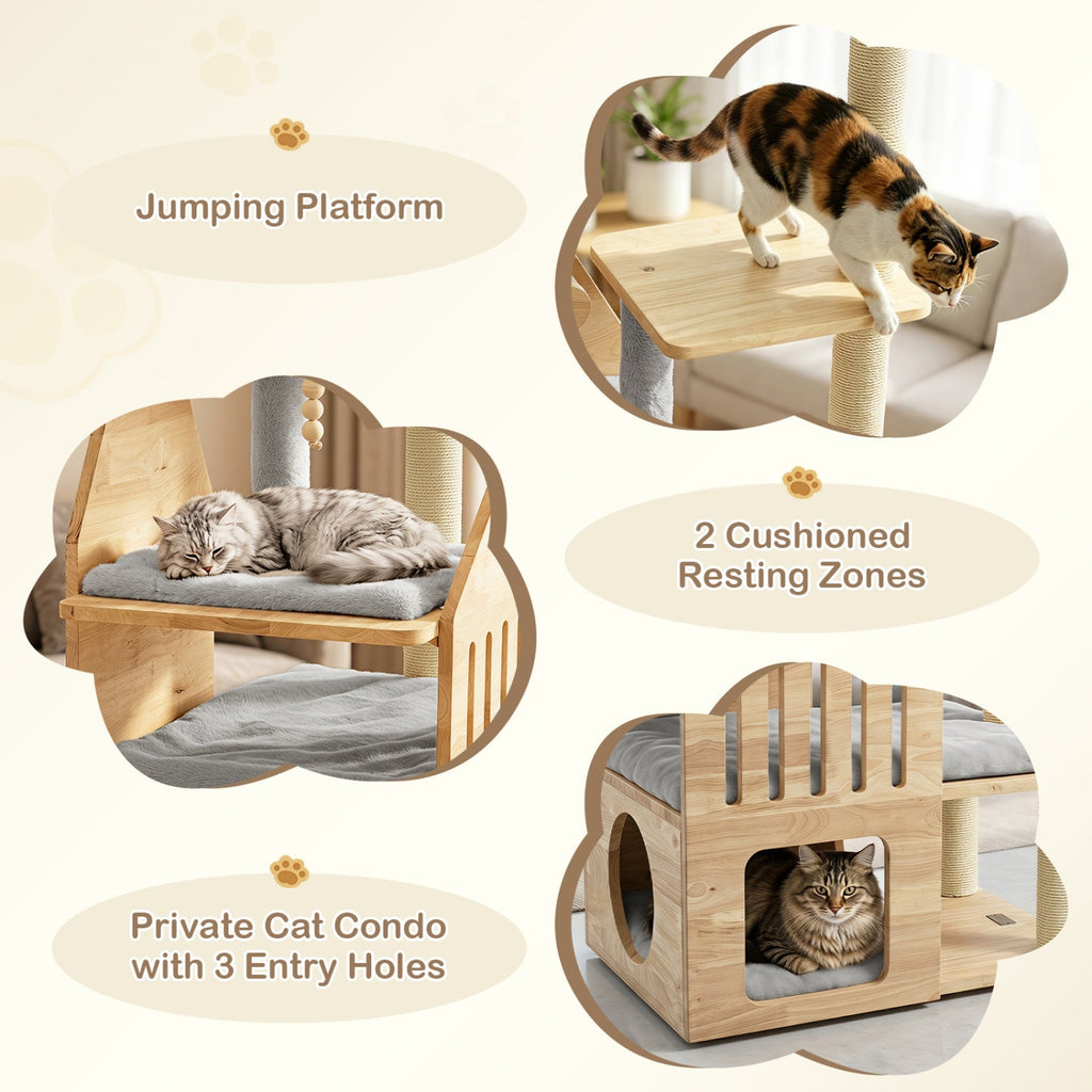 Multi-Level Solid Wood Cat Tree 48.5" with Condo & Scratchers