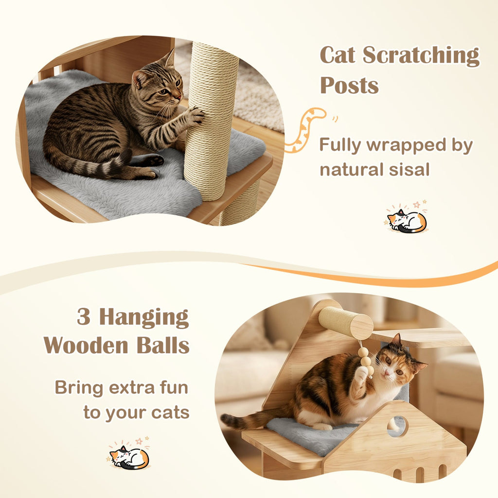Multi-Level Solid Wood Cat Tree 48.5" with Condo & Scratchers