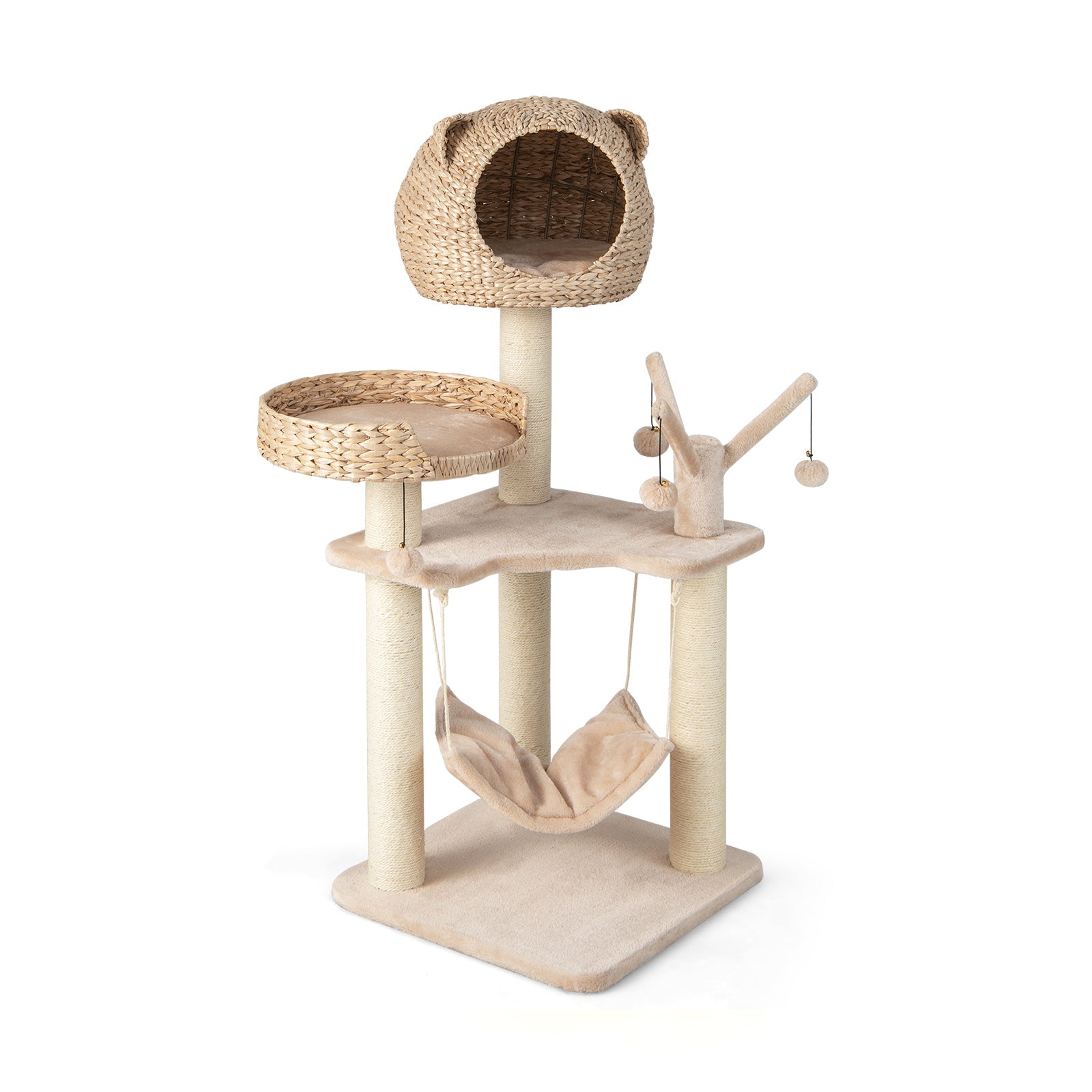 Multi-Level Cat Tree with Condo Hammock and Rotatable Hanging Balls-Natural Natural