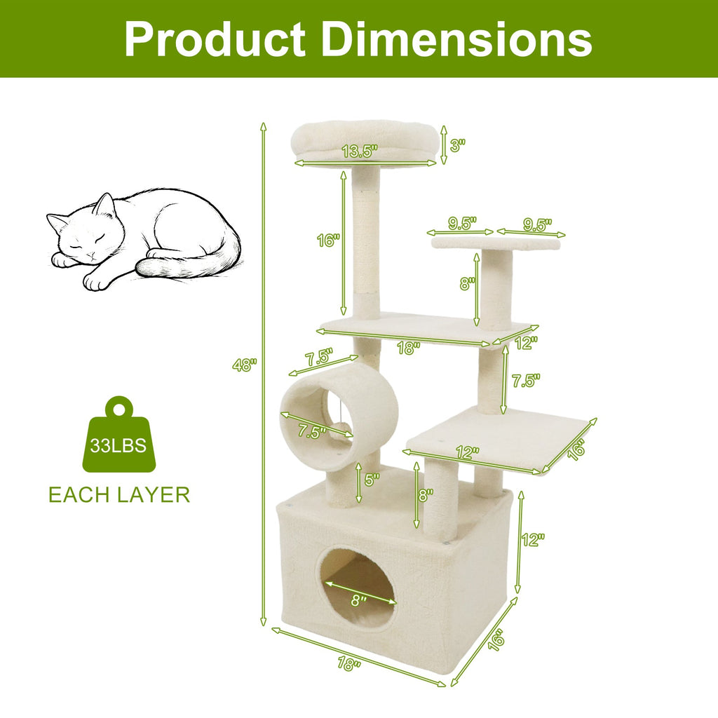 48 Inches Tall Cat Tree Multi-Level Kitten Tower with Large Condo Padded Top Perch