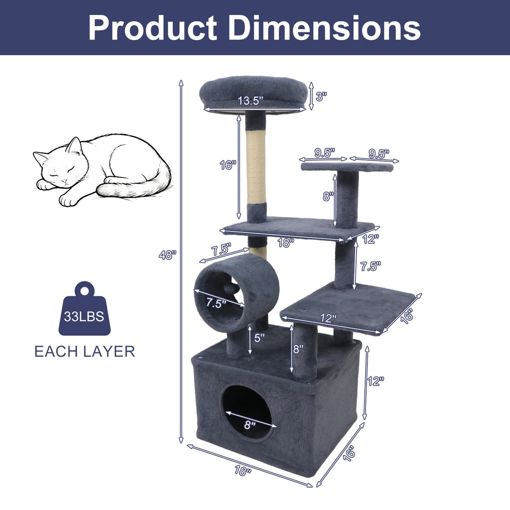 48 Inches Tall Cat Tree Multi-Level Kitten Tower with Large Condo Padded Top Perch