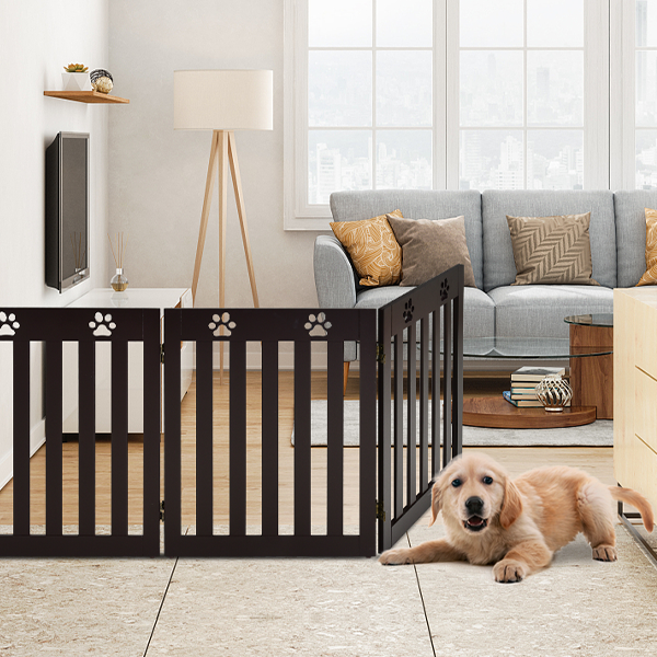 24 Inch Folding Wooden Freestanding Dog Gate with 360¬∞ Flexible Hinge for Pet