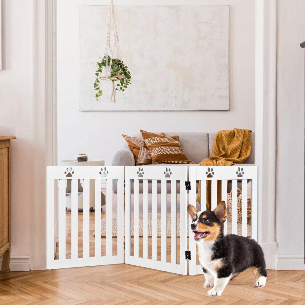 24 Inch Folding Wooden Freestanding Dog Gate with 360¬∞ Flexible Hinge for Pet