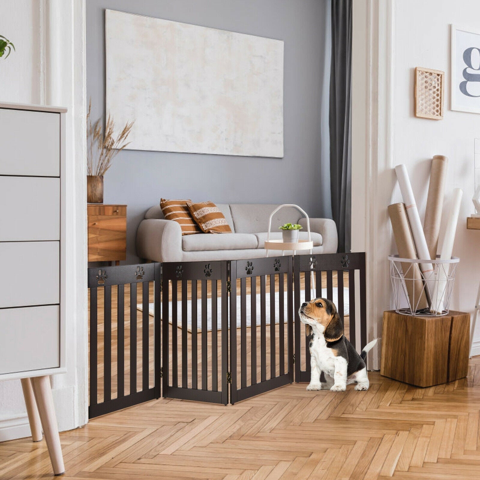 24 Inch Folding Wooden Freestanding Pet Gate Dog Gate with 360¬∞ Hinge