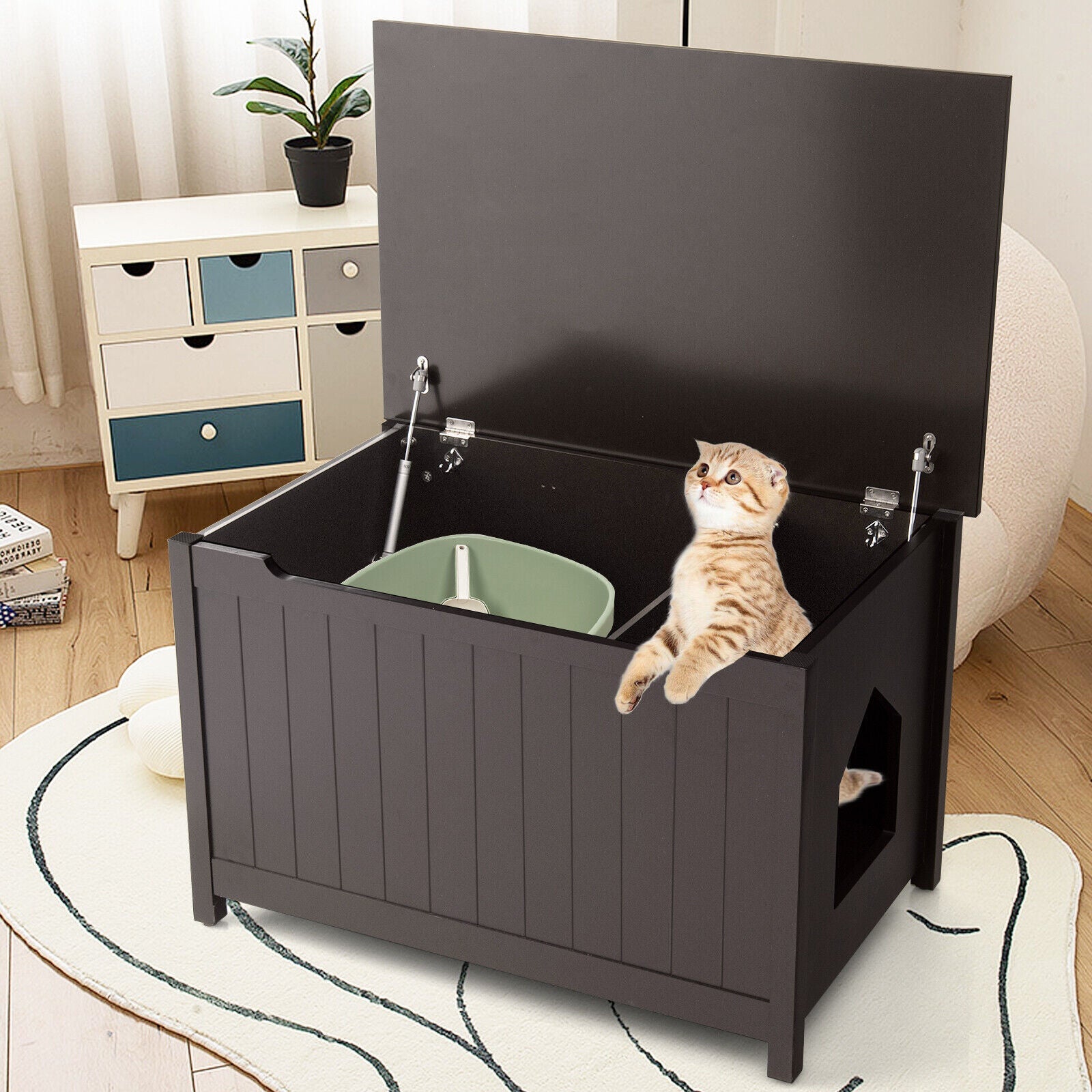 Wooden Cat Litter Box Enclosure with Top Opening Side Table Furniture