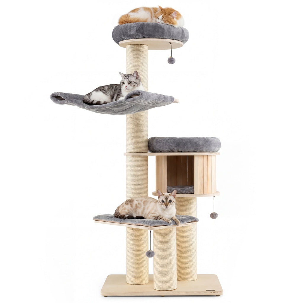 4-Layer 68.5-Inch Wooden Cat Tree Condo Activity Tower with Sisal Posts-Natural Gray
