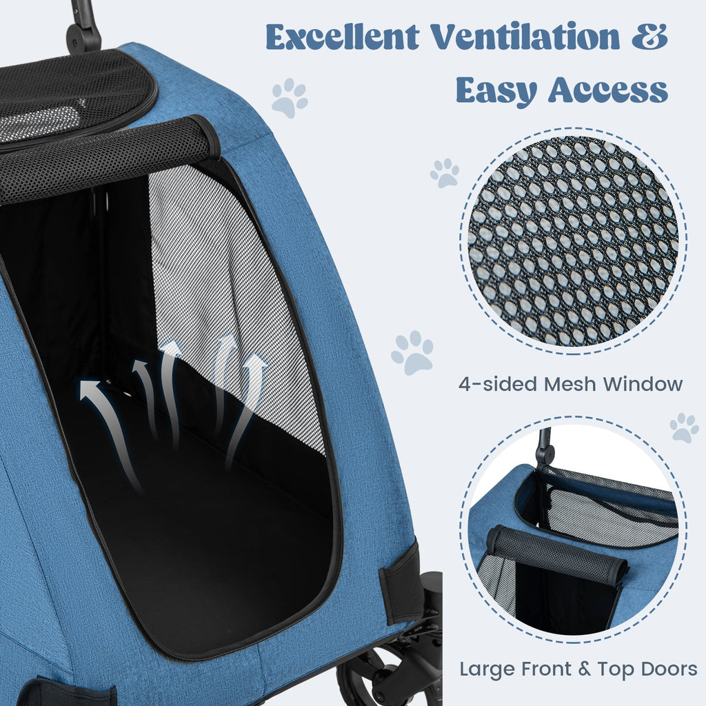 4 Wheels Extra Large Dog Stroller Foldable Pet Stroller with Dual Entry-Blue