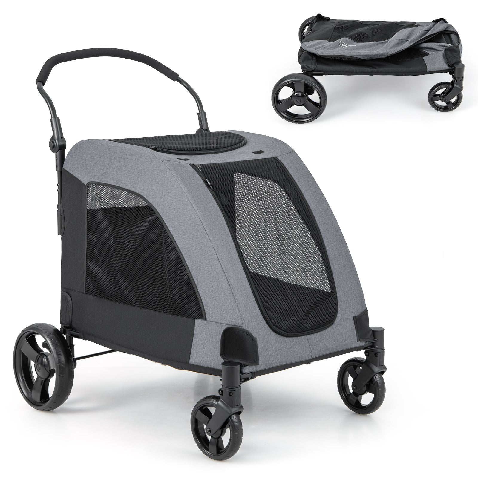 4 Wheels Extra Large Dog Stroller Foldable Pet Stroller with Dual Entry Gray