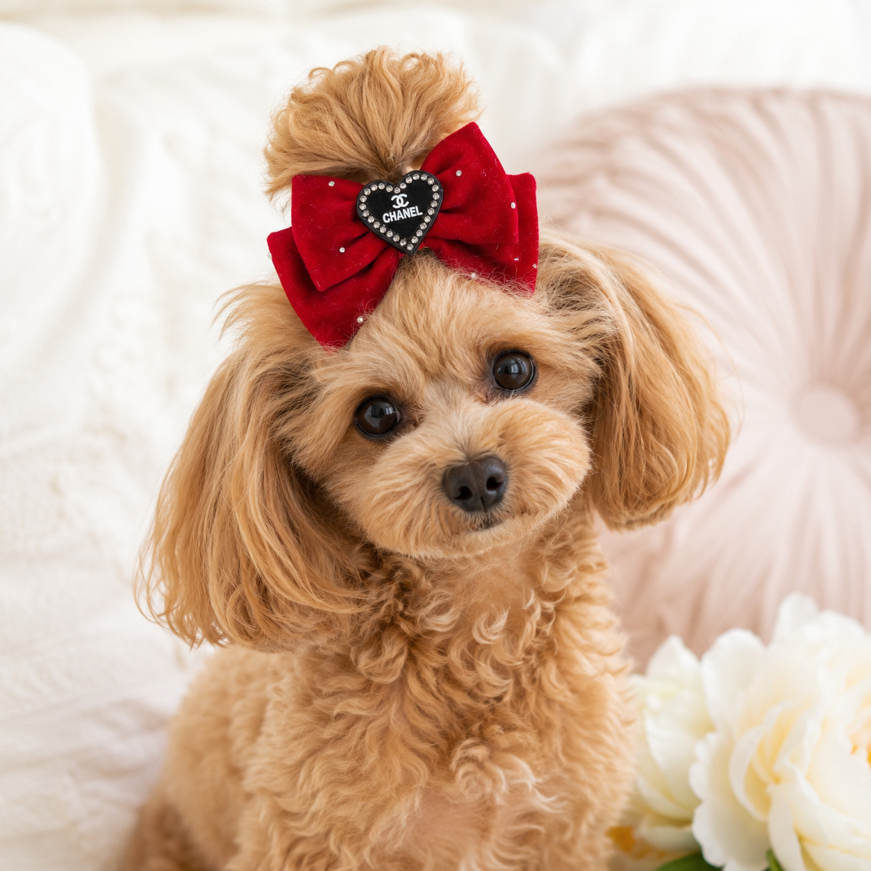 Luxury Velvet Dog Hair Bow Handmade Pet Hair Clip Rhinestone Pearl Bow Grooming Top Knot Accessory for Dogs & Cats red