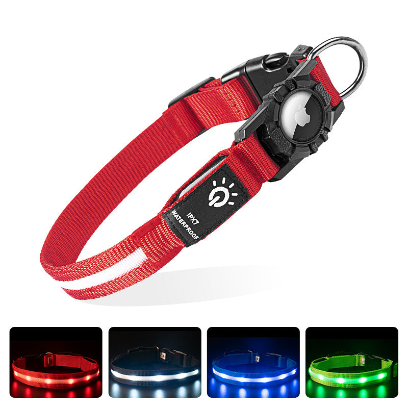 LED Dog Collar with AirTag Holder Red