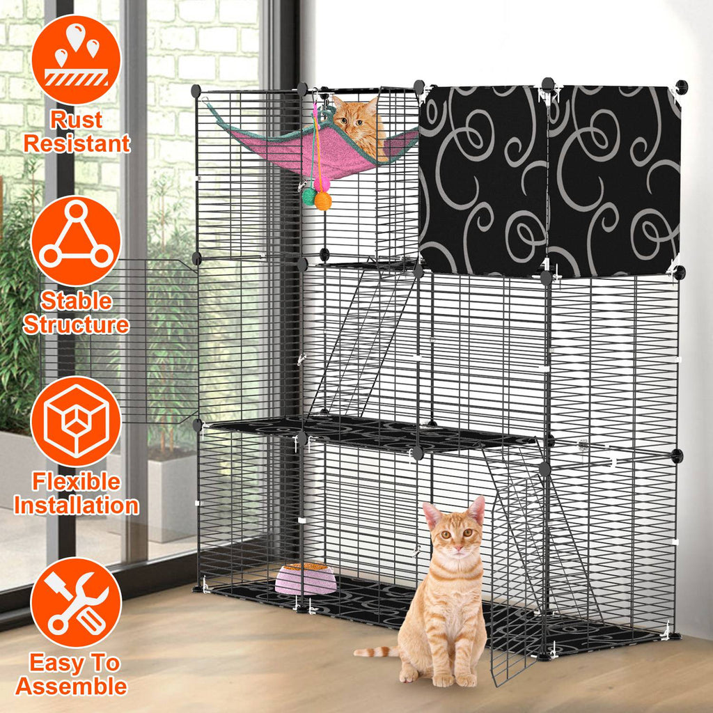 3-Tier Cat Cage Enclosure Indoor Cat Cage Playpen With Hammock Toy Ball Ladder DIY Iron Wire Cat House Kennels Crate For 1-2 Cats Ferret Rabbit Small