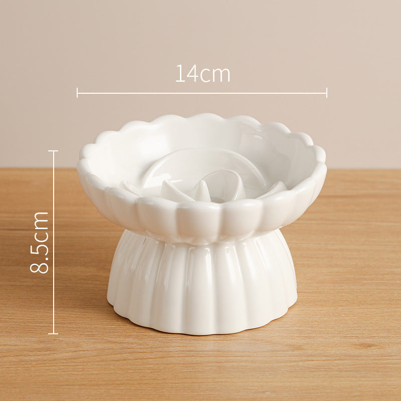 Elevated Ceramic Slow Feed Dish For Cats And Small Dogs, Flower Pool Design Pet Slow Feeder With Higher Edges,Raised Pet Bowl For Dry & Wet Food White