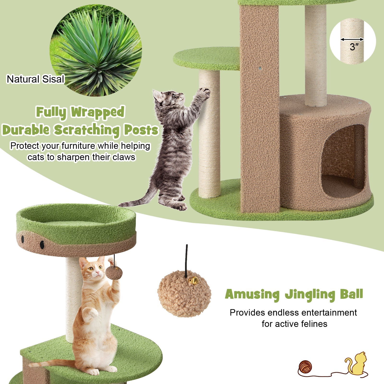 5-Tier Modern Cat Tree Tower for Indoor Cats with Sisal Scratching Posts-Green