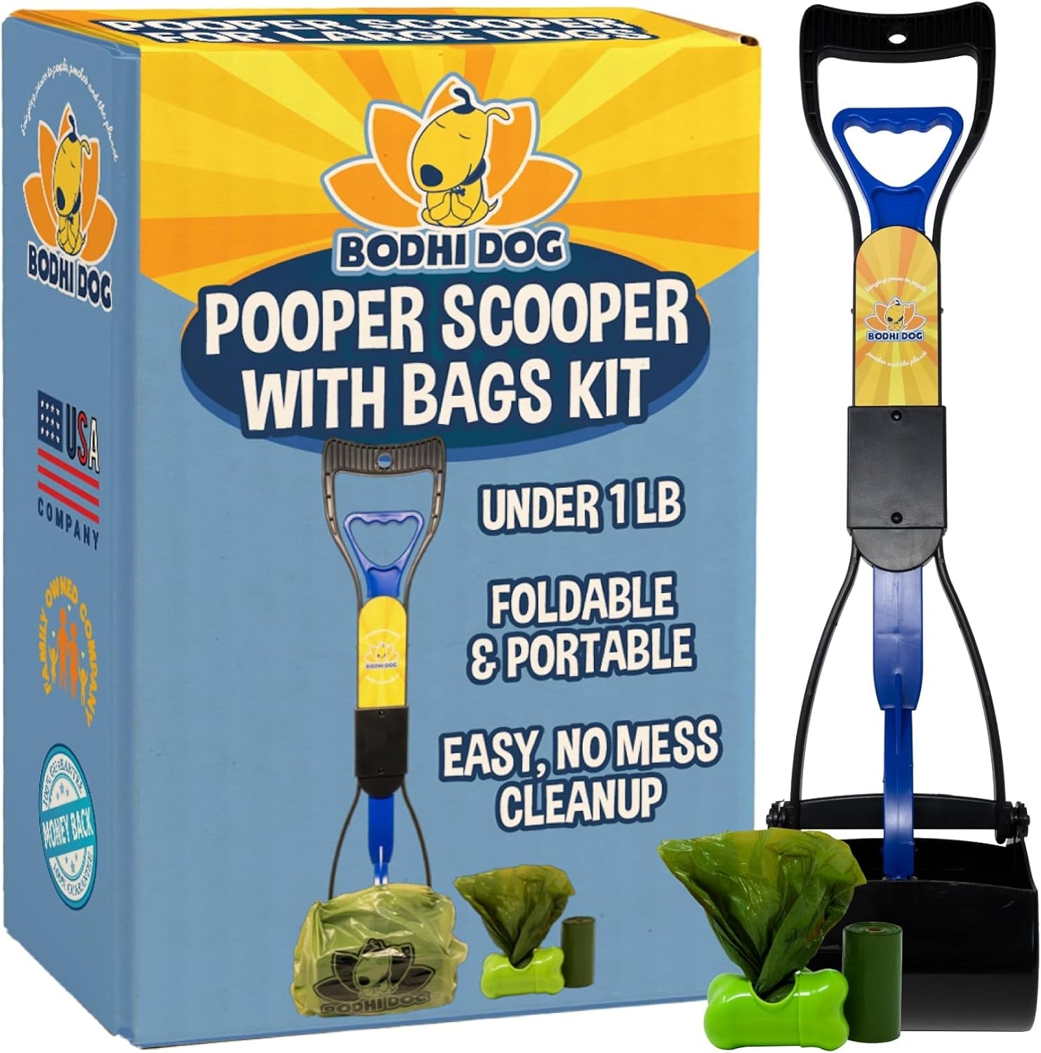 Dog Pooper Scooper Kit with Waste Bags & Holder Long Handle Cleanup Set Blue
