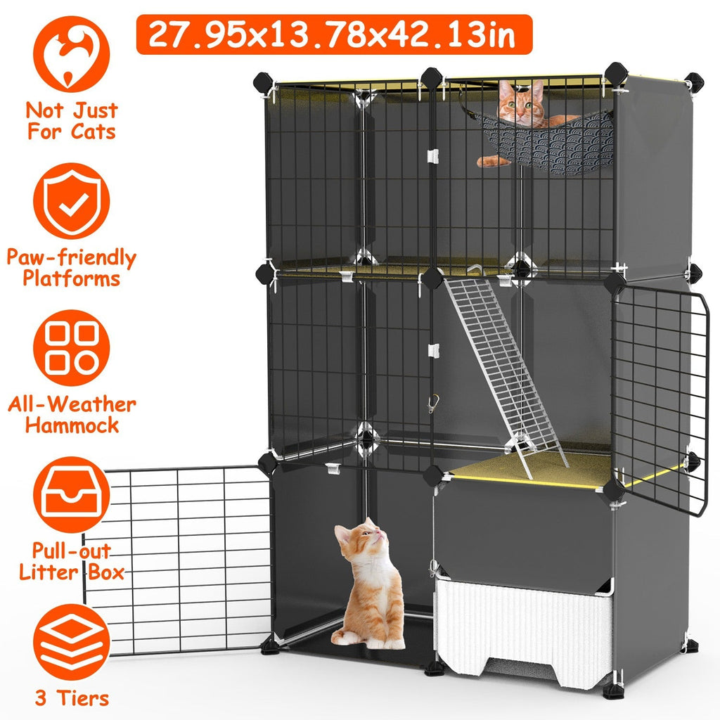 3-Tier Indoor Cat Cage with Litter Box, Hammock & Ladder, Detachable Metal Wire Cat Kennel Enclosure for 1–2 Kittens