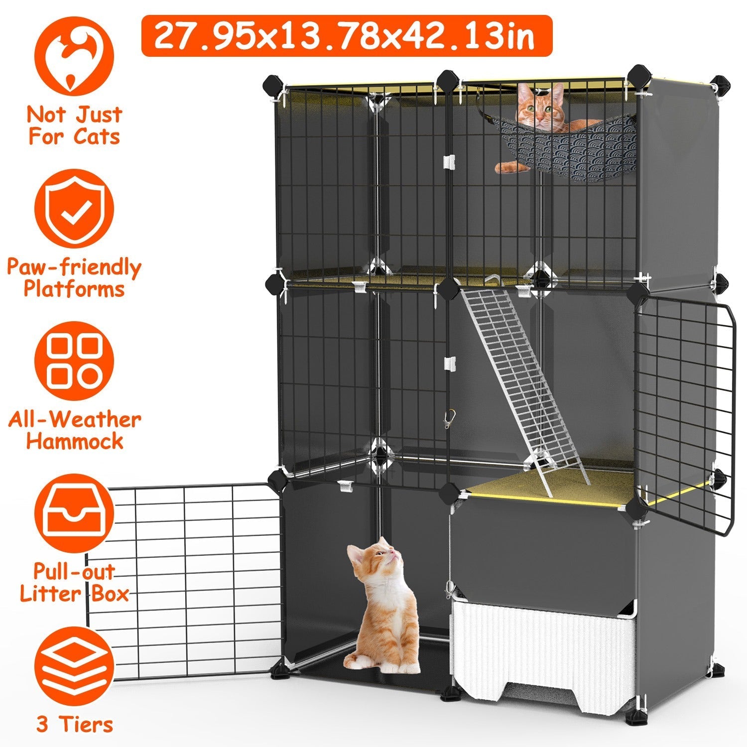 3-Tier Indoor Cat Cage with Litter Box, Hammock & Ladder, Detachable Metal Wire Cat Kennel Enclosure for 1–2 Kittens
