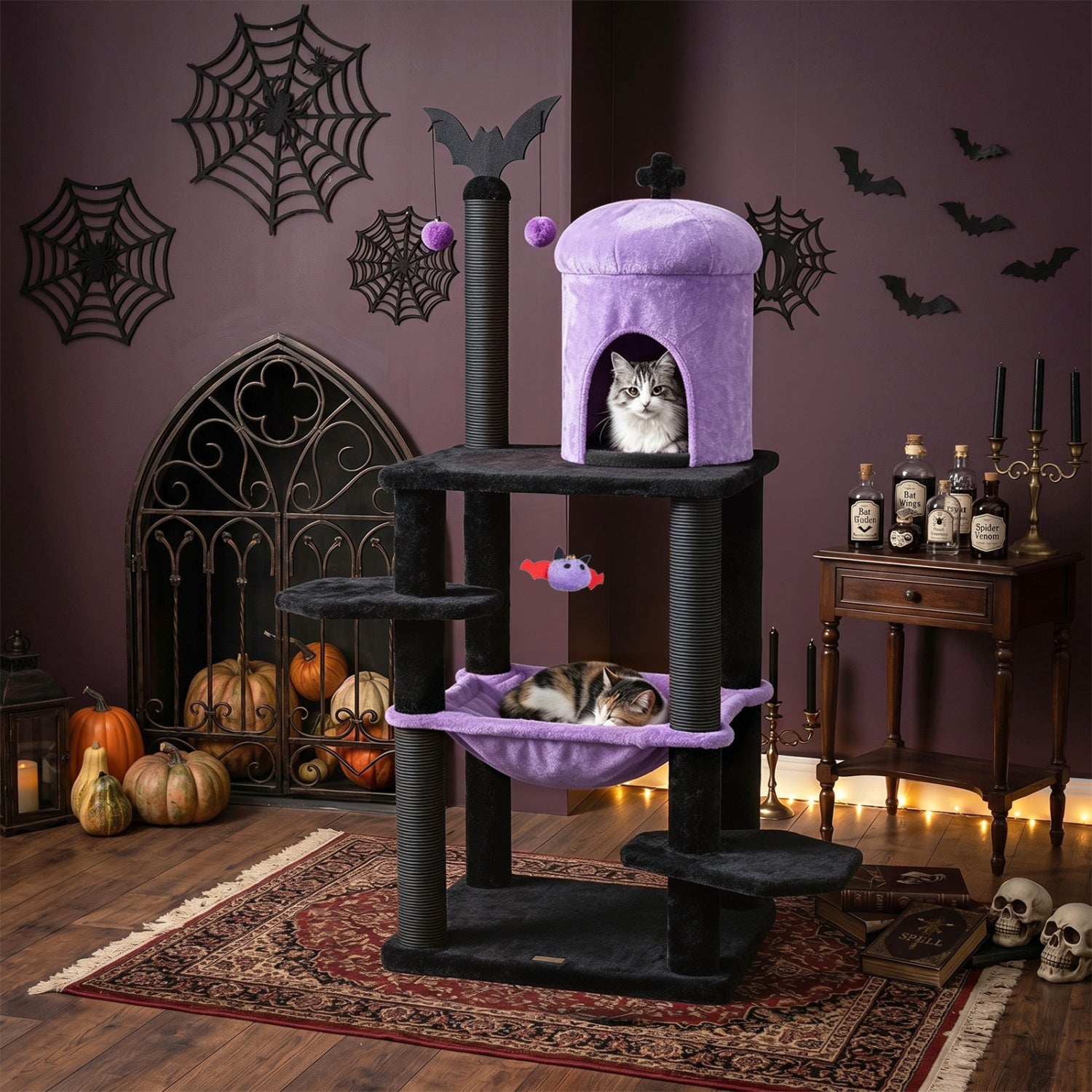 51" Gothic Multi-Level Cat Tree with Spider Toy & Hammock Purple & Black