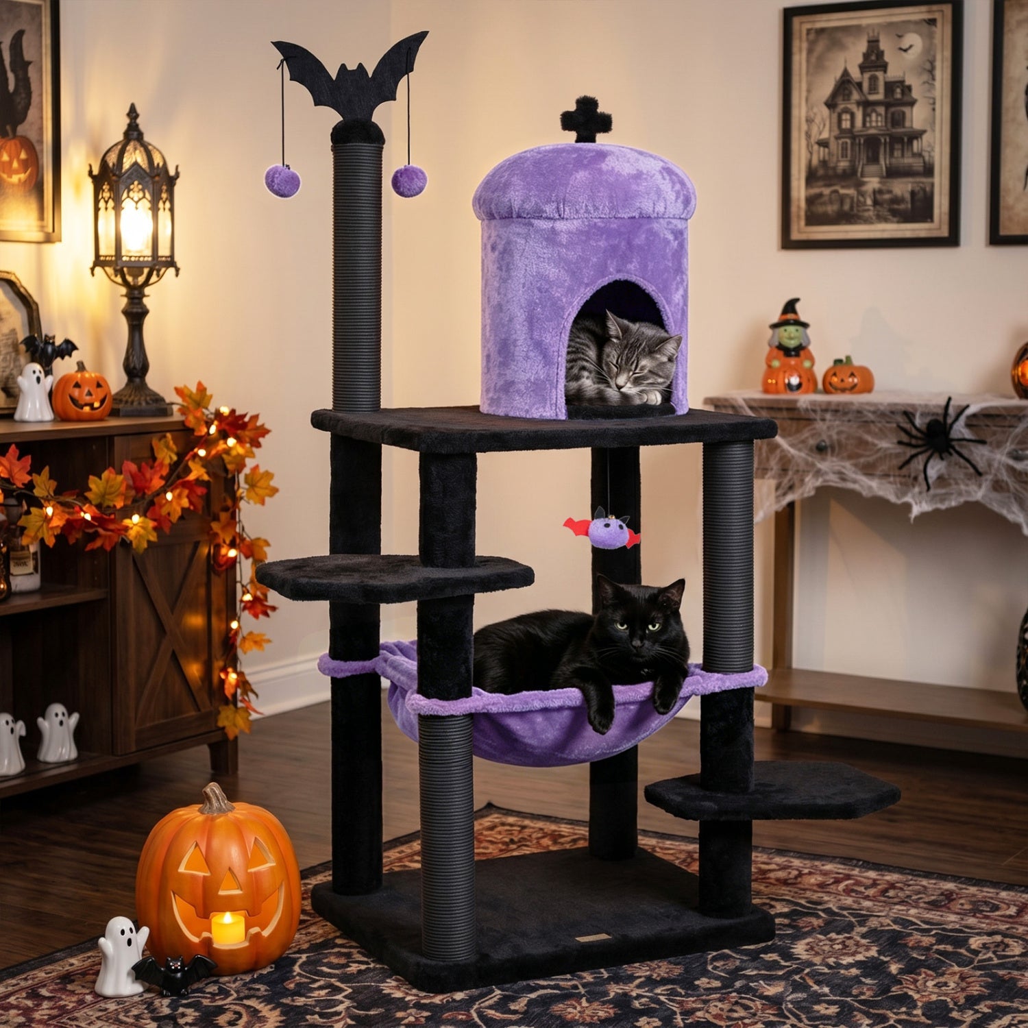 51" Gothic Multi-Level Cat Tree with Spider Toy & Hammock