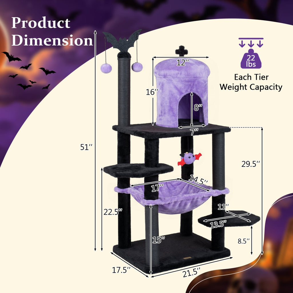 51" Gothic Multi-Level Cat Tree with Spider Toy & Hammock