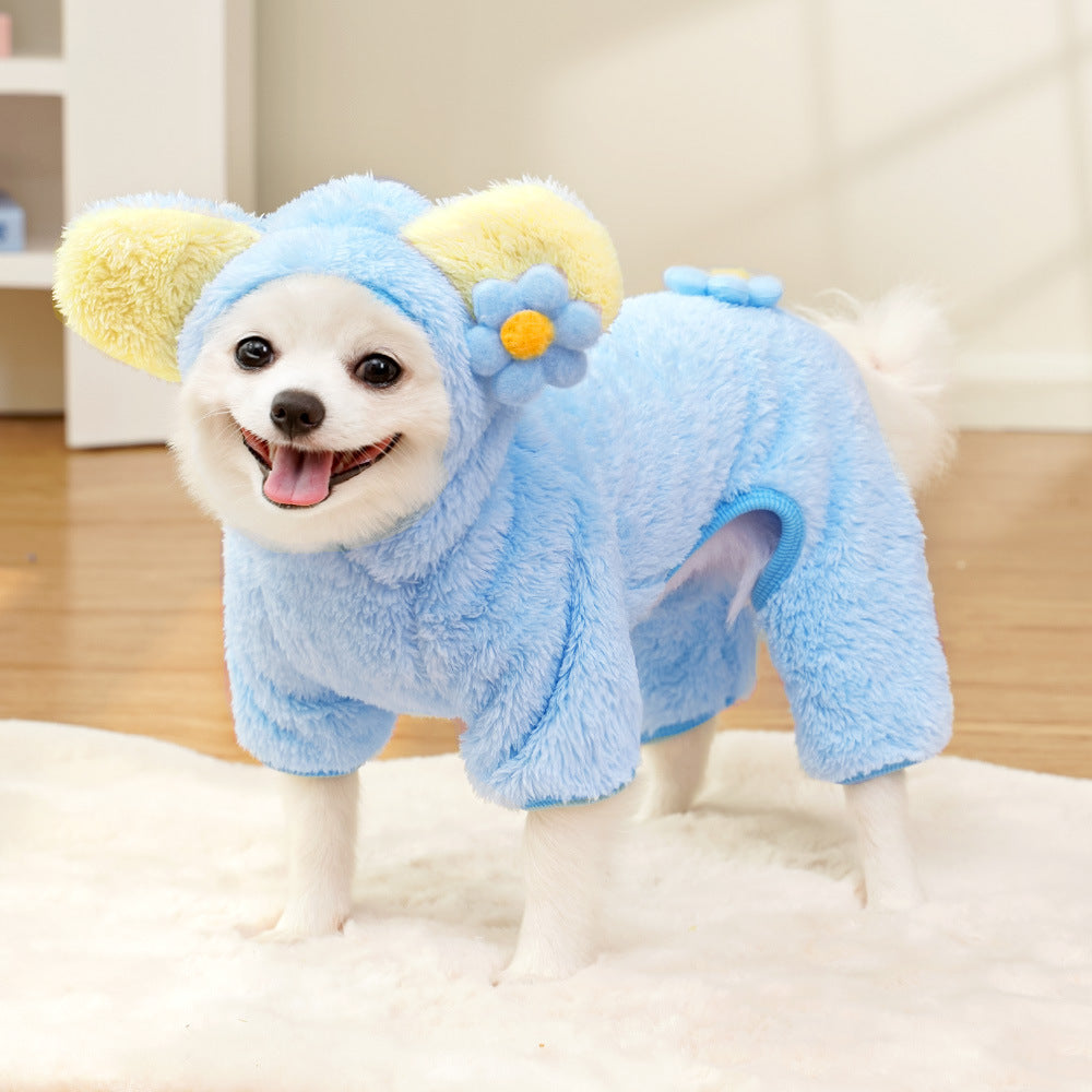 Pet Dog And Cat Clothing And Accessories Autumnwinter Fleece-lined Four-legged Dog Outfits Blue