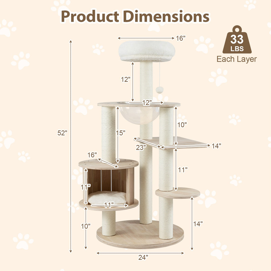 52 Inches Tall Wooden Cat Tree with Washable Plush Cushions and Multi-Level Climbing Stand