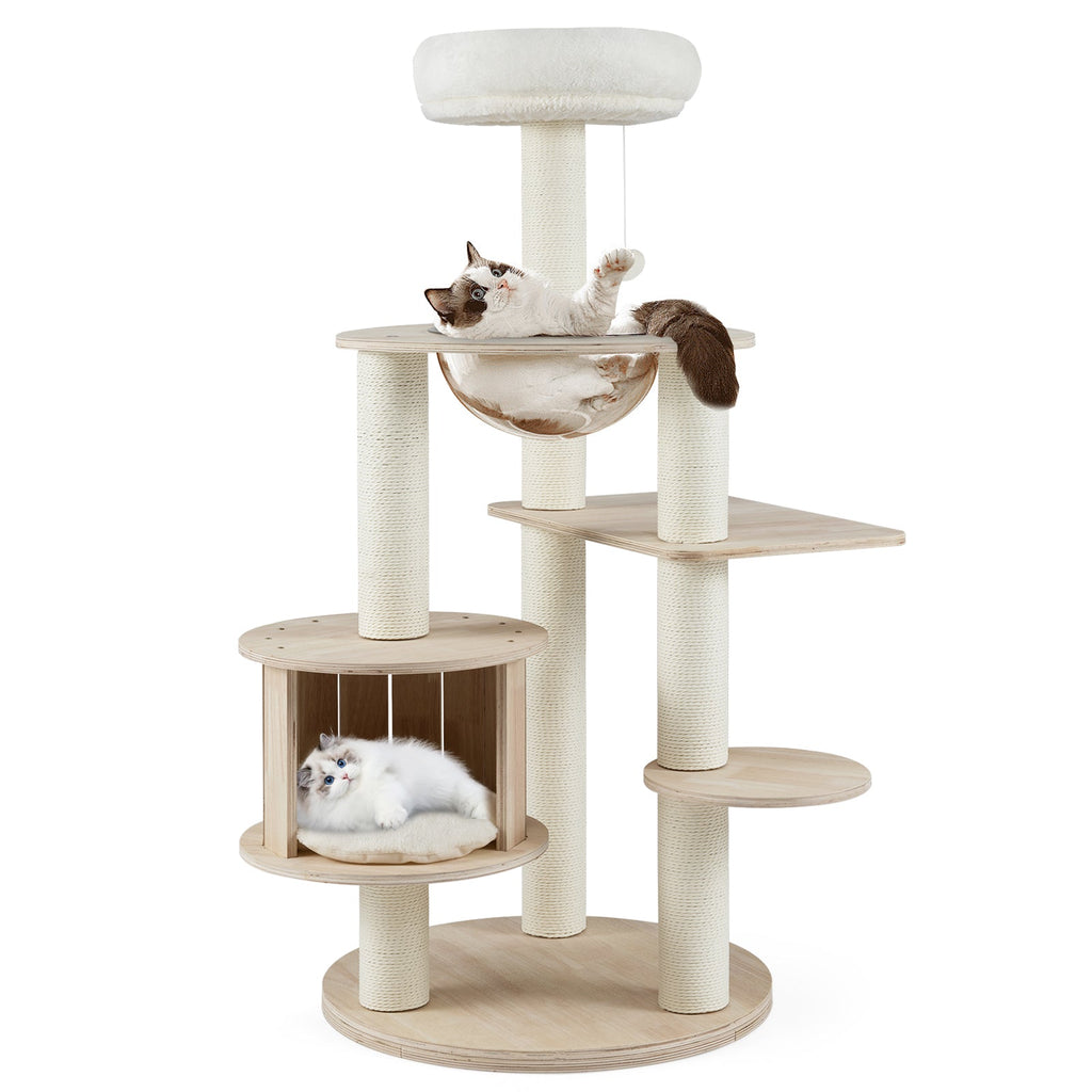 52 Inches Tall Wooden Cat Tree with Washable Plush Cushions and Multi-Level Climbing Stand Default Title