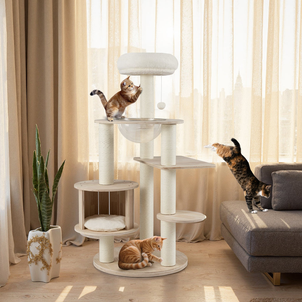 52 Inches Tall Wooden Cat Tree with Washable Plush Cushions and Multi-Level Climbing Stand
