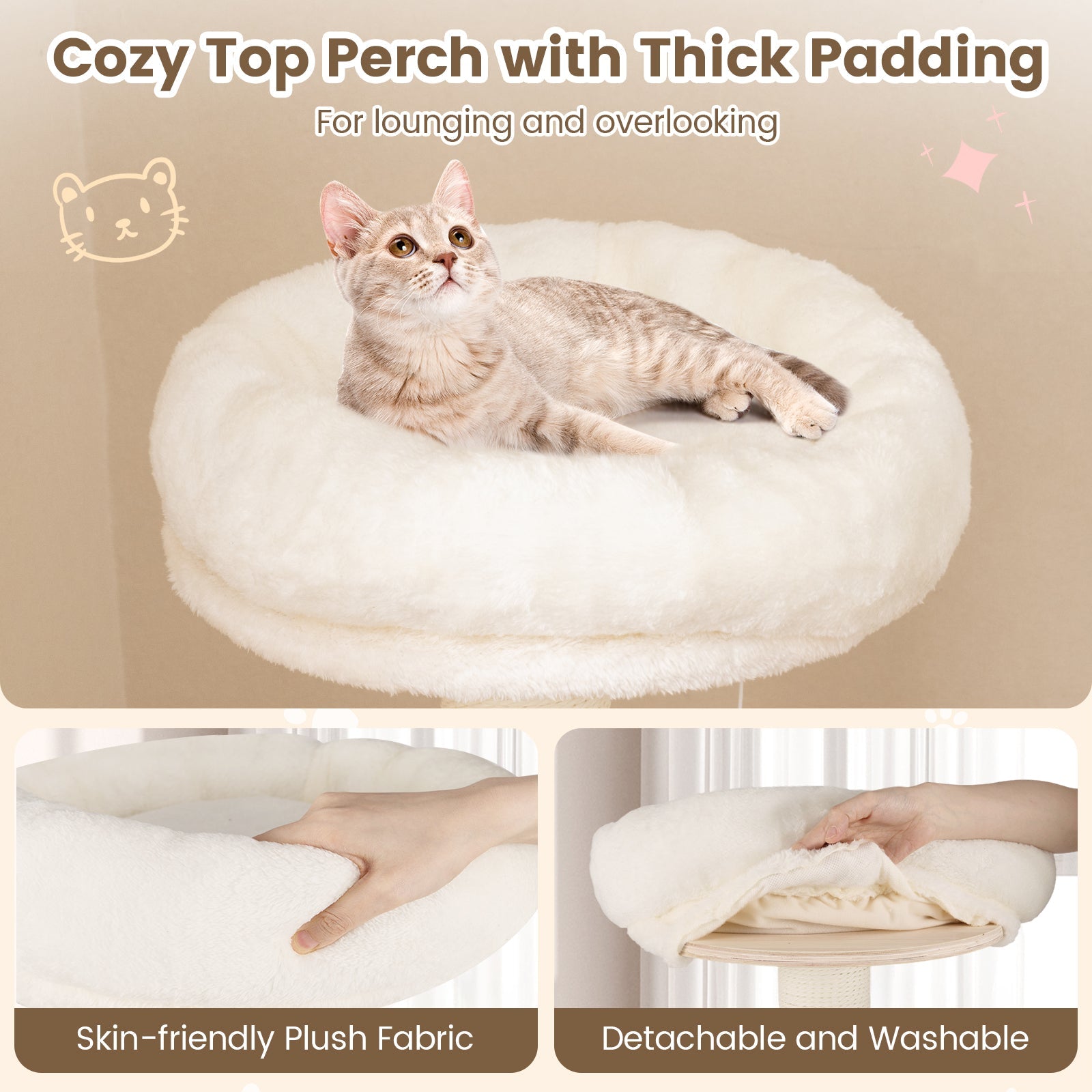 52 Inches Tall Wooden Cat Tree with Washable Plush Cushions and Multi-Level Climbing Stand