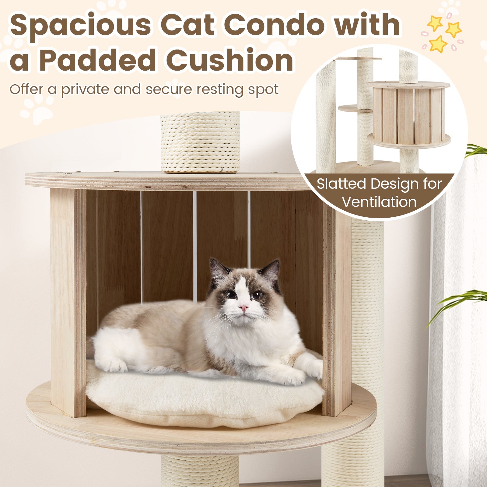 52 Inches Tall Wooden Cat Tree with Washable Plush Cushions and Multi-Level Climbing Stand
