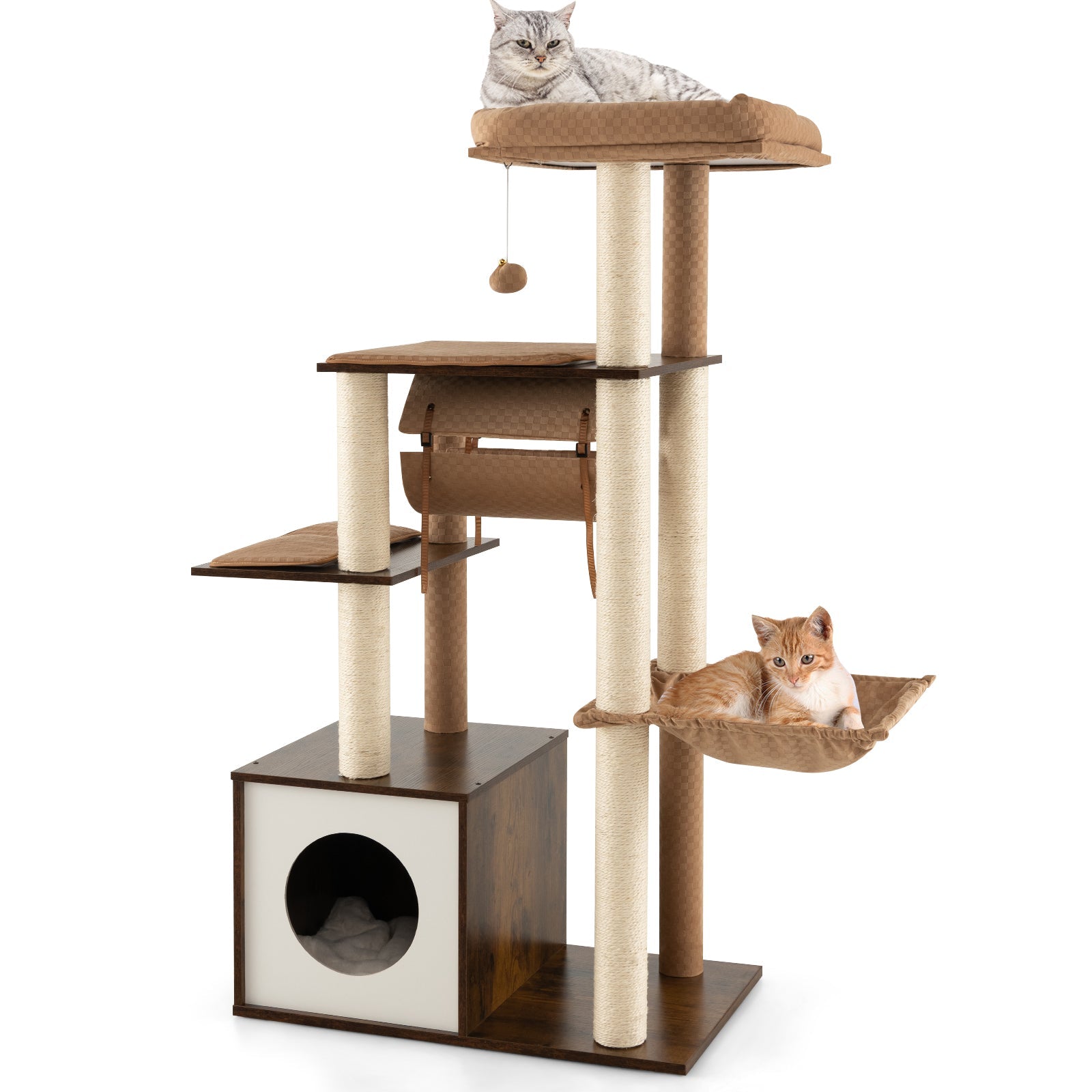 53 Inch Cat Tree with Condo and Swing Tunnel Brown