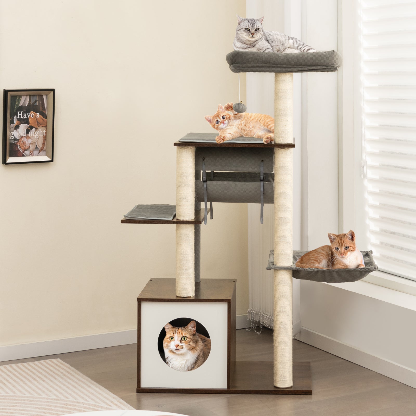 53 Inch Cat Tree with Condo and Swing Tunnel