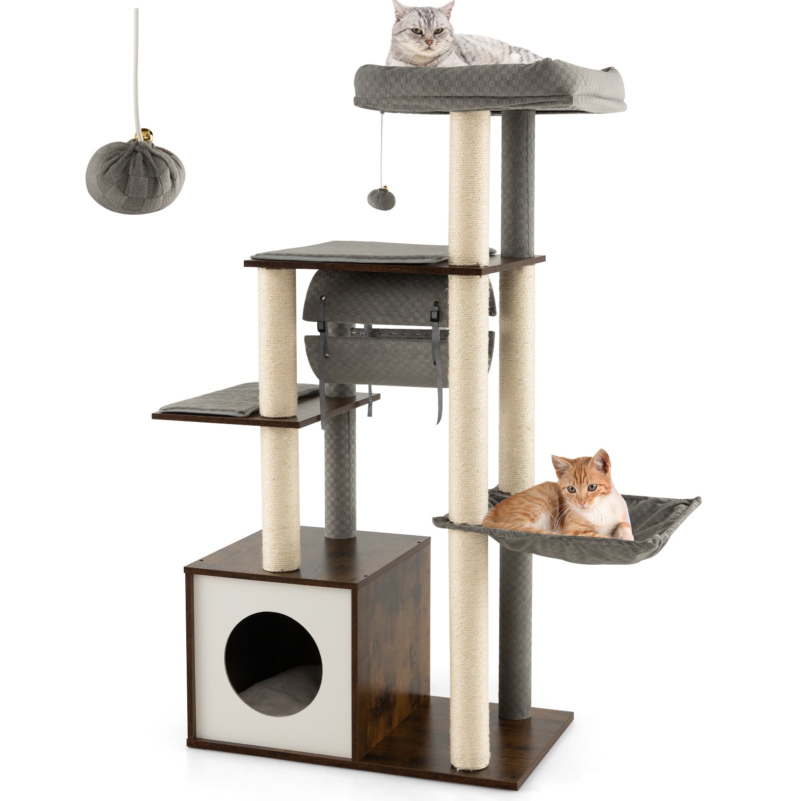 53 Inch Cat Tree with Condo and Swing Tunnel Gray